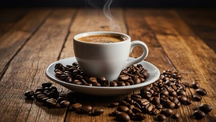 A cup of coffee alongside coffee beans on a wooden surface, with space available for text or design.