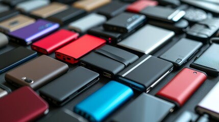 Obraz premium A diverse array of modern portable power banks in various colors and designs displayed in a grid pattern. The image emphasizes the sleek, contemporary design of these essential electronic devices.