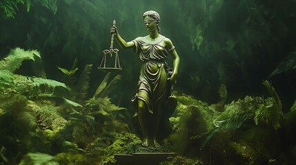 Fototapeta premium Lady Justice Statue in a Mystical Forest Setting