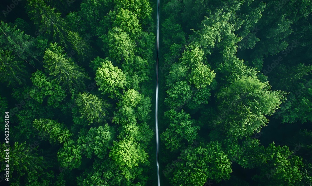 Poster aerial view of a forest road cutting through lush green trees