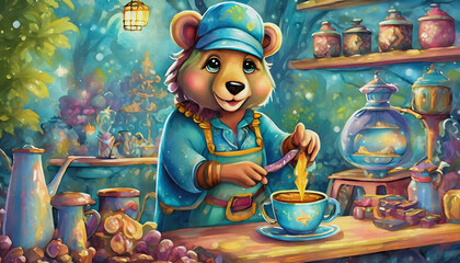 oil painting style cartoon character bear Barista Making Coffee Preparation in a coffee shop.