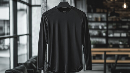 Fototapeta premium A long-sleeve black athletic shirt hanging in a chic urban space with natural light and modern decor