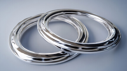 Fototapeta premium Shiny metallic rings intertwined on a neutral backdrop showing reflections and smooth surfaces