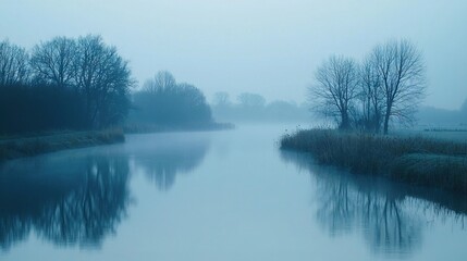   A foggy forest surrounds a placid lake with no one present