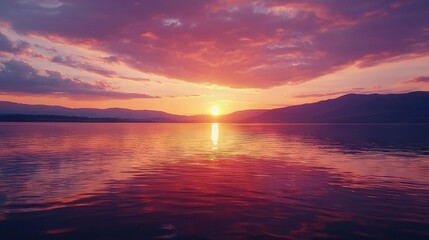 Obraz premium A vast expanse of water featuring a stunning sunset, surrounded by majestic mountains and wispy clouds