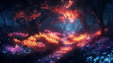 Glowing bioluminescent forest trees and plants emitting vibrant colors in the darkness