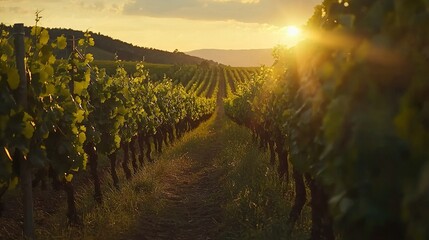 Obraz premium The sun is setting behind the vineyard, casting shadows on the rows of vines in the foreground Mountains loom in the background