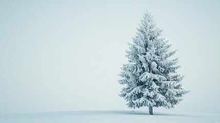   A lone pine tree stands alone in a snow-covered field during a foggy winter day