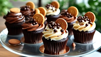 Exquisite chocolate cup cakes, decorated with chocolate balls, cookies and cream, reveal an alluring dessert charm and are a delicious choice for celebrating occasions.