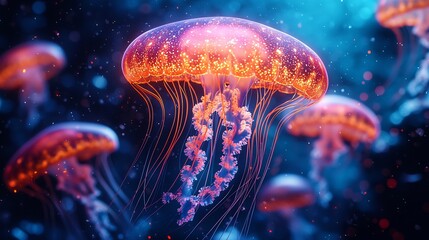 Naklejka premium Glowing jellyfish a deep blue ocean with bioluminescent colors creating a mystical scene