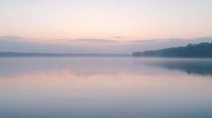 Fototapeta premium A water body surrounded by trees, with a hazy sky overhead and distant clouds in view
