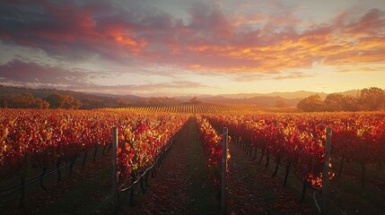 Obraz premium A vineyard's sunset silhouette is captured, with vines in the foreground and majestic mountains in the background