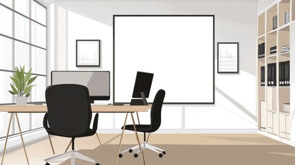 Modern Office Interior with Blank Wall