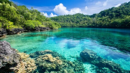 Tranquil turquoise lagoon surrounded by lush green foliage.