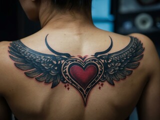 A neo-tribal tattoo set featuring heart, wings, and stars.