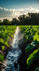 Green crops getting watered under blue sky, sunny day in farm