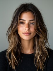 Young woman with soft smile, long wavy brown hair, indoors