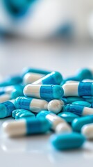 Blue and white capsules on reflective surface, close-up medication 
