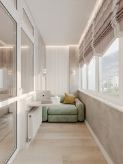 Sofa in belt with royal blue fabric upholstery and metal legs. The blanket is on the sofa folded in half with drapery. The midday sun illuminates the interior.