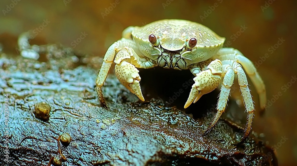 Wall mural   A detailed shot of a crab resting atop wooden plank with moisture glistening on its claws and legs