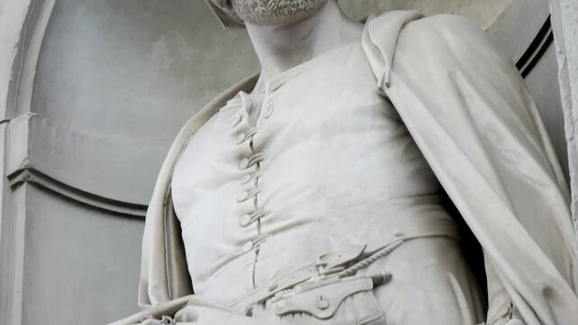 Nicola Pisano, statues in the Niches of illustrious Tuscan figures in the Uffizi Colonnade. Florence, Italy. High quality 4k footage