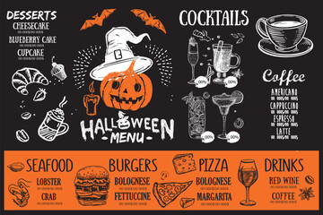 Halloween menu, Food flyer, Restaurant cafe menu.
