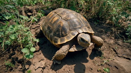 Fototapeta premium Ancient Tortoise in the Wild: A solitary tortoise, a symbol of longevity and wisdom, traverses the wild with a serene determination, its textured shell and powerful legs hinting at its resilience. 