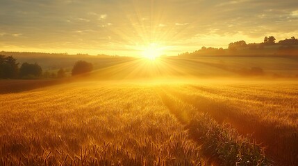   A field of wheat bathed in sunlight filtering through the clouds at midday