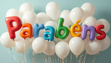 Parab&eacute;ns. Bal&otilde;es brancos. Feliz anivers&aacute;rio. Parab&eacute;ns 3d. Parab&eacute;ns e bal&otilde;es brancos. Festa de anivers&aacute;rio. Comemorar anivers&aacute;rio. Bexigas brancas. Cart&atilde;o anivers&aacute;rio.