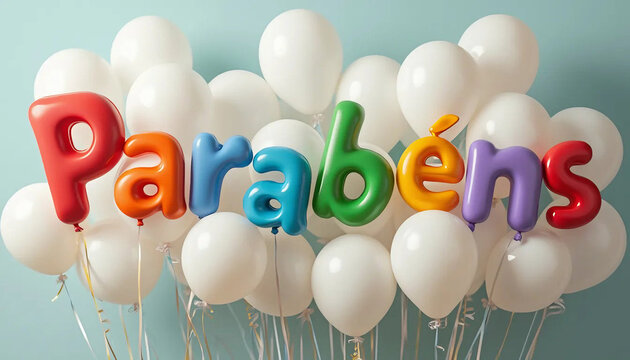 Parab&eacute;ns. Bal&otilde;es brancos. Feliz anivers&aacute;rio. Parab&eacute;ns 3d. Parab&eacute;ns e bal&otilde;es brancos. Festa de anivers&aacute;rio. Comemorar anivers&aacute;rio. Bexigas brancas. Cart&atilde;o anivers&aacute;rio.