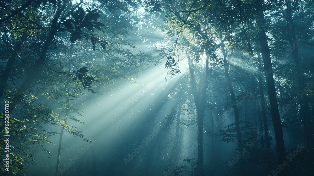 Canvas Prints  A dense forest with numerous trees emitting a beam of sunlight at its center