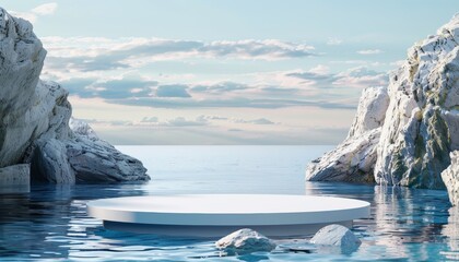 photo a podium set in a forest green environment, featuring tree and plant elements