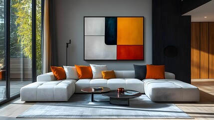 Fototapeta premium Nowoczesne wnętrze apartamentu z eleganckimi meblami, w tym smukłą sofą, stolikiem kawowym i abstrakcyjną sztuką na ścianach. Przestrzeń cechuje współczesna elegancja, jasne, naturalne oświetlenie