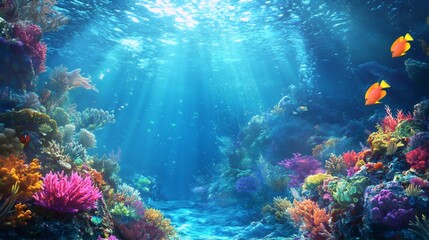 Underwater scene with colorful coral reefs and fish swimming in a bright blue ocean.