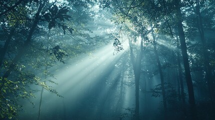 Fototapeta premium A dense forest with numerous trees emitting a beam of sunlight at its center