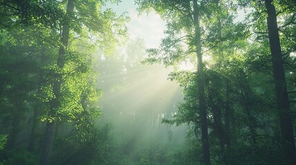 Fototapeta premium Through the forest's tall green trees, sunlight filters down, casting a leafy glow