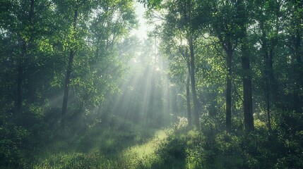 Obraz premium The sun illuminates a forest trail lined with lush green grass and towering trees featuring vibrant leaves