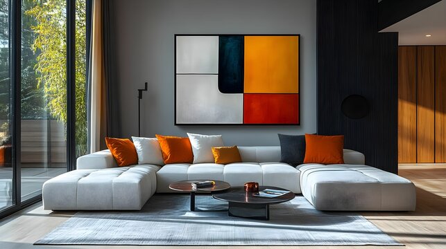 Nowoczesne wnętrze apartamentu z eleganckimi meblami, w tym smukłą sofą, stolikiem kawowym i abstrakcyjną sztuką na ścianach. Przestrzeń cechuje wsp&oacute;łczesna elegancja, jasne, naturalne oświetlenie