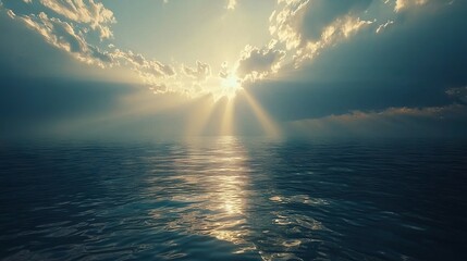   A body of water with sunlight filtering through clouds above and below is visible