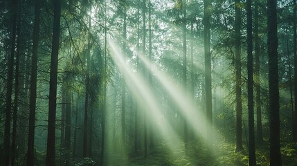 Obraz premium A lush, towering forest brimming with emerald foliage and beams of radiant sunlight filtering through the leafy canopy