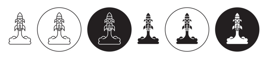 Rocket launch vector icon set black filled and outlined style.