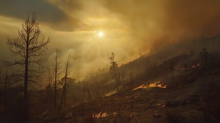   Sun illuminates cloudy sky over denser forest of burnt trees and hillier terrain with sparse greenery