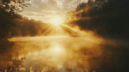   The sun shines through the clouds over a body of water, with trees in the foreground and a reflection in the water