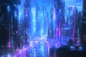 Fototapeta premium A futuristic cityscape glowing with vibrant blue and purple lights.