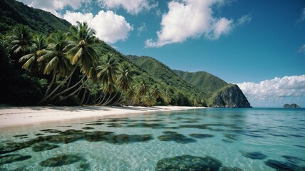 Obraz premium tropical beach background. pristine white sandy shore leading to crystal clear turquoise water. The water is so clear that dark rocks and coral formations are visible beneath the surface.