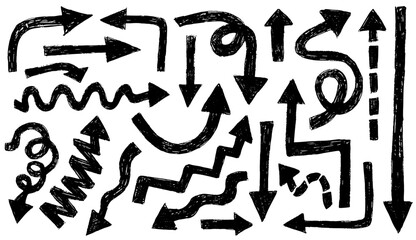 arrows set hand drawn grunge brush stroke black ink texture isolated on transparent background