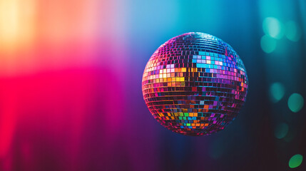 Obraz premium A dazzling disco ball reflects colorful lights at a vibrant dance party in an indoor venue