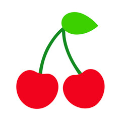 Two red cherries with a green stem and leaf on a white background