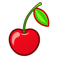 Stylized illustration of a single, glossy red cherry with a green leaf and stem