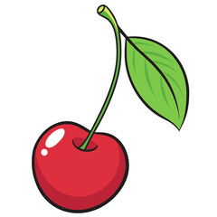 Illustration of a single shiny red cherry with a green leaf on a white background